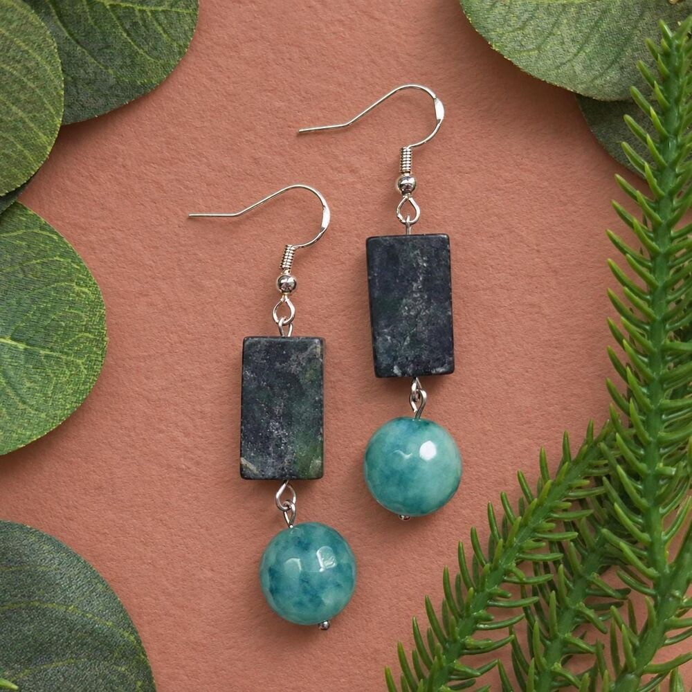 Teal Dyed Quartz and Serpentine Drop Earrings, Silver Dangle